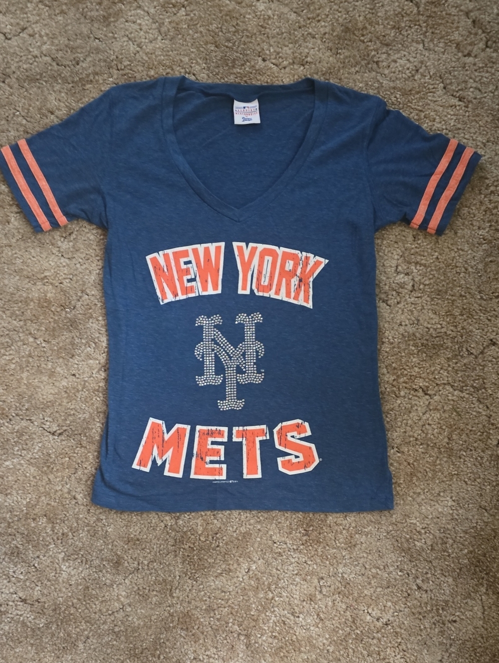 New York Mets Womens Navy & Orange V-Neck Tee